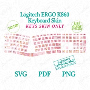 May include: Pink and gold keyboard skin for the Logitech ERGO K860 keyboard. The keys are pink with gold accents. The text "Logitech ERGO K860 Keyboard Skin" is at the top. The words "KEYS SKIN ONLY" are in red.