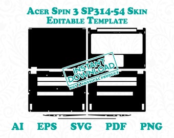 Może przedstawiać: Czarno-biały cyfrowy szablon skóry na laptopa do modelu Acer Spin 3 SP314-54. Szablon obejmuje górną, dolną i część podkładki pod nadgarstki laptopa. Tekst "INSTANT DOWNLOAD NOT A PHYSICAL PRODUCT" jest zawarty w obrazie.