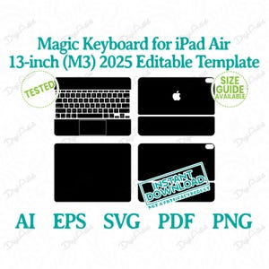 May include: Black Magic Keyboard template for iPad Air, 13-inch (M3) 2025. Includes keyboard layout, Apple logo, and instant download graphic. File formats: AI, EPS, SVG, PDF, and PNG. Size guide available.