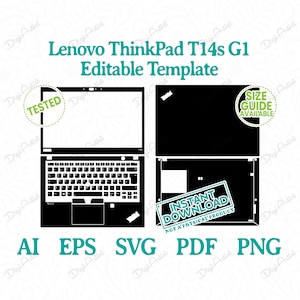 Könnte beinhalten: Schwarze und weiße Silhouette eines Lenovo ThinkPad T14s G1 Laptops. Der Laptop ist geöffnet, Tastatur und Touchpad sind sichtbar. Der Bildschirm ist leer. Das Bild enthält den Text "TESTED", "SIZE GUIDE AVAILABLE" und "INSTANT DOWNLOAD NOT A PHYSICAL PRODUCT".