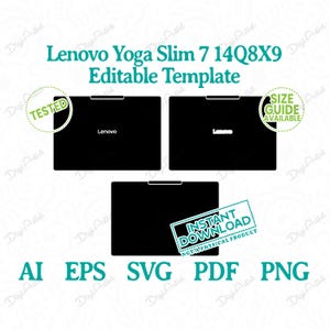 Puede incluir: Plantilla de portátil Lenovo Yoga Slim 7 negro con el texto "Lenovo" en la pantalla. La imagen incluye el texto "Lenovo Yoga Slim 7 14Q8X9 Editable Template" e iconos de tipo de archivo.