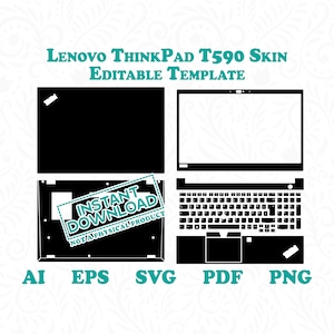 May include: A black and white digital template for a Lenovo ThinkPad T590 laptop skin. The template includes the top, bottom, keyboard, and touchpad areas. The text "INSTANT DOWNLOAD NOT A PHYSICAL PRODUCT" is in a green box.