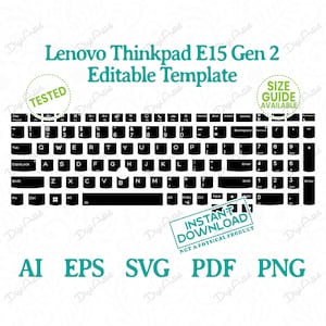 Könnte beinhalten: Schwarzweißes digitales Tastatur-Template für ein Lenovo Thinkpad E15 Gen 2 Laptop. Das Template ist mit "Getestet" und "Sofort-Download" gekennzeichnet.