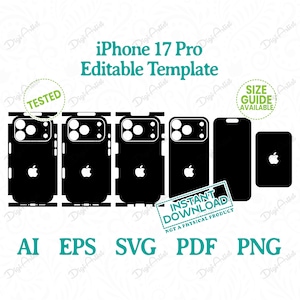 以下が含まれることがあります： Appleロゴ付きの黒いiPhone 17 Pro編集可能テンプレートデザイン。AI、EPS、SVG、PDF、PNGなど、さまざまなファイル形式が含まれています。画像には「INSTANT DOWNLOAD」と「NOT A PHYSICAL PRODUCT」というテキストも含まれています。