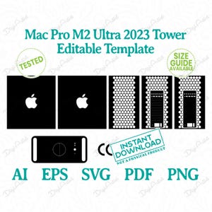 Może przedstawiać: Szablon do pobrania cyfrowego dla komputera Mac Pro M2 Ultra 2023 Tower. Szablon zawiera pięć różnych wzorów: czarny wzór z logo Apple, czarny wzór z logo Apple, wzór z motywem plastra miodu, wzór z motywem plastra miodu i pionową linią oraz wzór z motywem plastra miodu i pionową linią. Szablon jest dostępny w formatach AI, EPS, SVG, PDF i PNG. Tekst "INSTANT DOWNLOAD" jest również zawarty w obrazie.