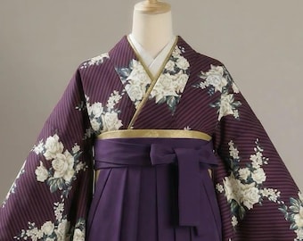 Women's Purple Graduation Kimono & Hakama Skirt 5PCS Gift Set, Floral Kofurisode, Juban, Erishin, Koshi Himo, Custom Fit Available