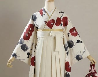 Ivory Graduation Kimono & Hakama 5PCS Gift Set, Red Floral Kofurisode, Cream Hakama Skirt,  Juban, Erishin, Koshi Himo