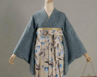 2 Styles Tulip Hakama Skirt 5PCS Gift Set, Slate Blue & Black Jacquard Kimono, Women's Graduation Outfit, Juban, Erishin, Koshi Himo