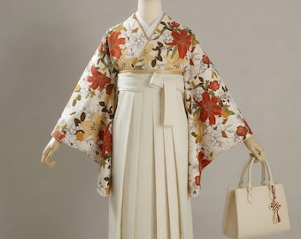 Hakama 3PCS Gift Set, Creamy White Traditional Hakama Skirt with Embrodiery, Koshi Himo, Floral Hair Accessory