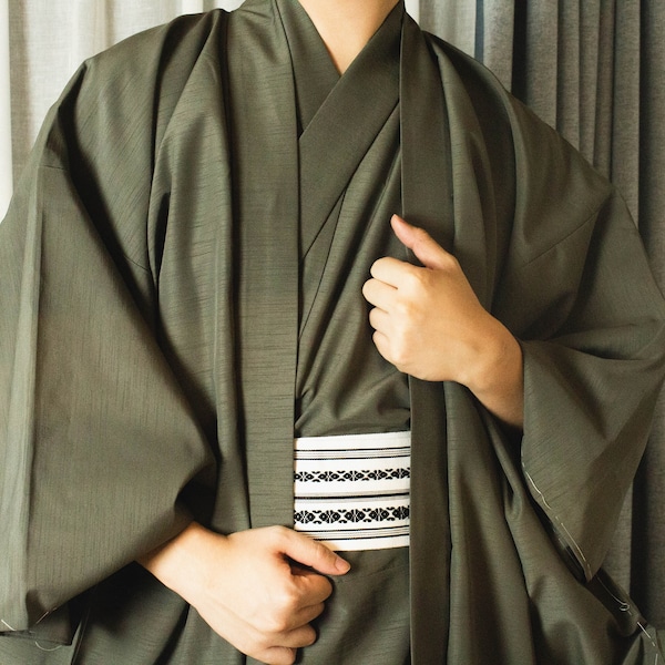 Traditional Men's Kimono 3PCS Set, Japanese Men's Kimono Nagagi, Kaku Obi, and Men's Haori Jacket