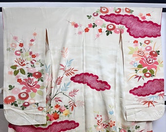 Vintage Silk Furisode Kimono: Colorful Floral Pattern, Handmade, Rank B+ (A105)