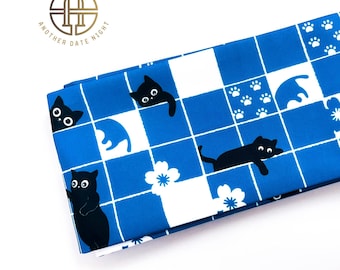 Blue Checkered Cat Hanhaba Belt, Half-Width Obi for Yukata/Komon Kimono/Casual Kimono