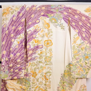 Vintage Silk Furisode Kimono: Peacock Pattern, Formal Kimono, Rank A- (A106)
