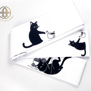 Naughty Cat Hanhaba Obi Belt, Double Sided Half-Width Obi for Yukata/Komon Kimono/Casual Kimono