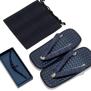 Japanese Demin Blue Setta Sandals, Haori Himo, Shingen bag: Men's Smart Casual Kimono/Summer Yukata Accessory Gift Set