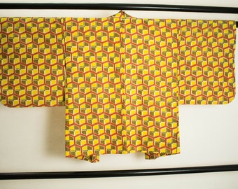 Vintage Seide Haori Jacke: Kimonojacke Geometrischer Druck, Rank A (HA13)