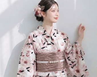 Japanese Floral Yukata Set with Easy Wearing Obi Belt, Obijime & Sandals, Custom Fit Available