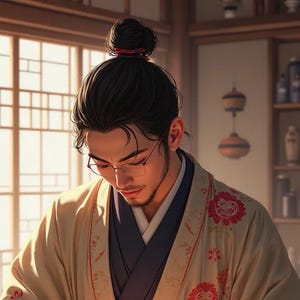 Op de afbeelding: Een persoon draagt een traditionele Japanse kimono met bloemenborduurwerk en werkt aan een rode stof met een naald en draad. De stof heeft een bloemenpatroon en ligt op een tafel met andere benodigdheden.