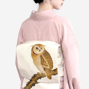 Obi Nagoya preatado, nudo Taiko, faja de kimono con diseño de búho