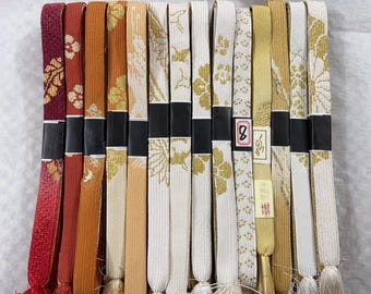 Vintage Silk Obijime Collection: Japanese Kimono Cord with Metal Thread/Kinshi, White Gold Objime, Red & Orange Obi Ties, GL02