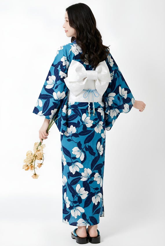 Blue Floral Japanese Cotton Yukata, Standard Sizes or Bespoke