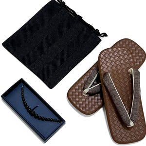 Japanese Caramel Brown Setta Sandals, Haori Himo, Shingen bag: Men's Smart Casual Kimono/Summer Yukata Accessory Gift Set