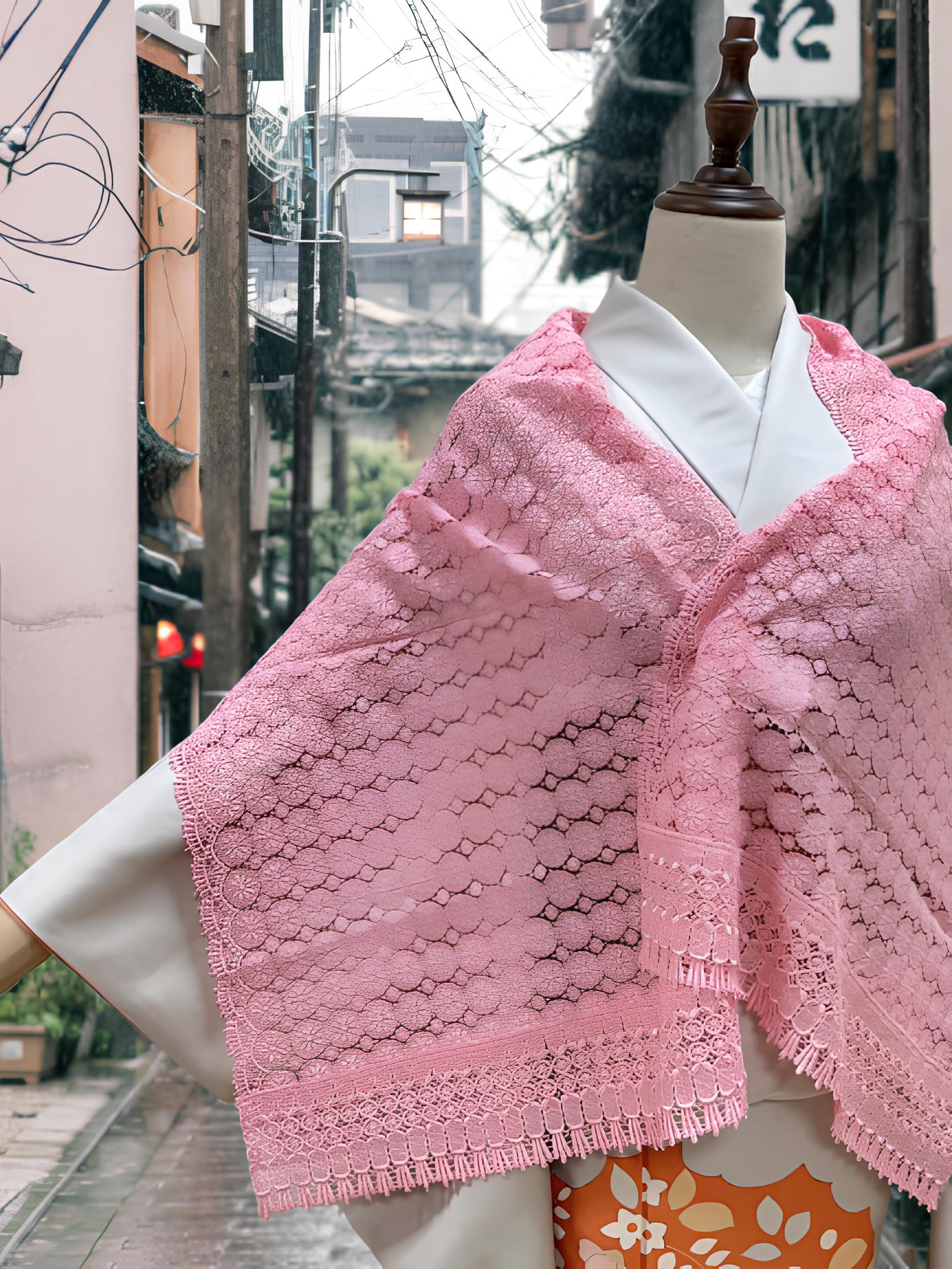 Pink Lace Kimono Shawl: Floral Outwear- Set 5A