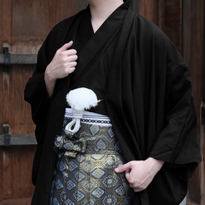 Traditional Men&#39;s Black Kimono 3PCS Set, Japanese Men&#39;s Kimono Nagagi, Kaku Obi, and Men&#39;s Haori Jacket, Customisable Kamon (Family Crests)