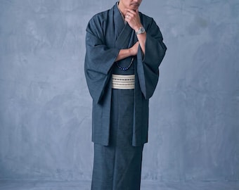 2 Colors Japanese Men's Kimono 4/6/8PCS Gift Set: Nagagi Kimono, Obi & Haori Jacket | Custom Kamon Family Crest Available