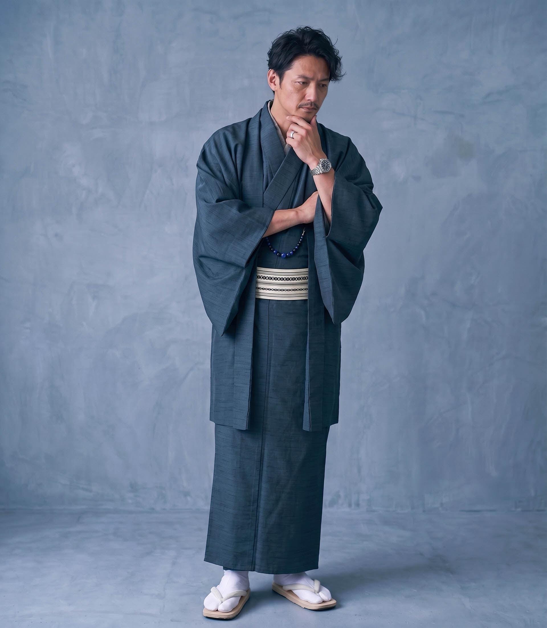 2色展開の日本製男性用着物 4/6/8点セット：長城着物、帯、羽織