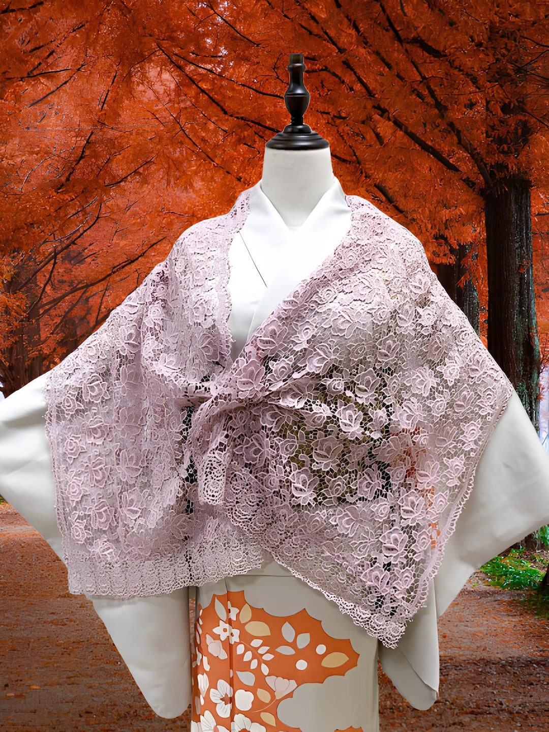 レディースレース着物ショール：グラデーションカラーアウターセット1