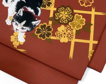 Orange Pre-Tied Taiko Knot, Ohara Koson Cat Easy Wear Nagoya Obi, Two-Side Sash