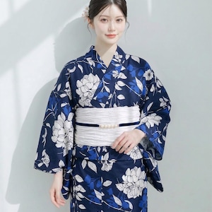 Navy Blue Floral Cotton Yukata Set With Easy Wear Obi Belt
