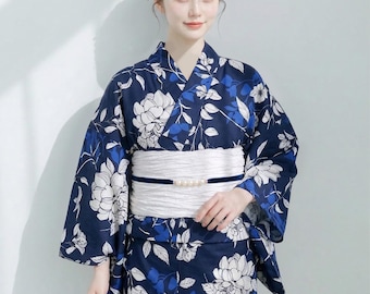 Japanese Cotton Yukata Set, Floral Pattern, with Easy Wear Pre-Tied Heko Obi
