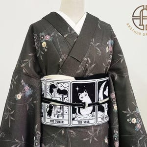 Cat Tarots, Double Sided Hanhaba Obi Belt, Everyday Kimono Obi, Yukata Obi
