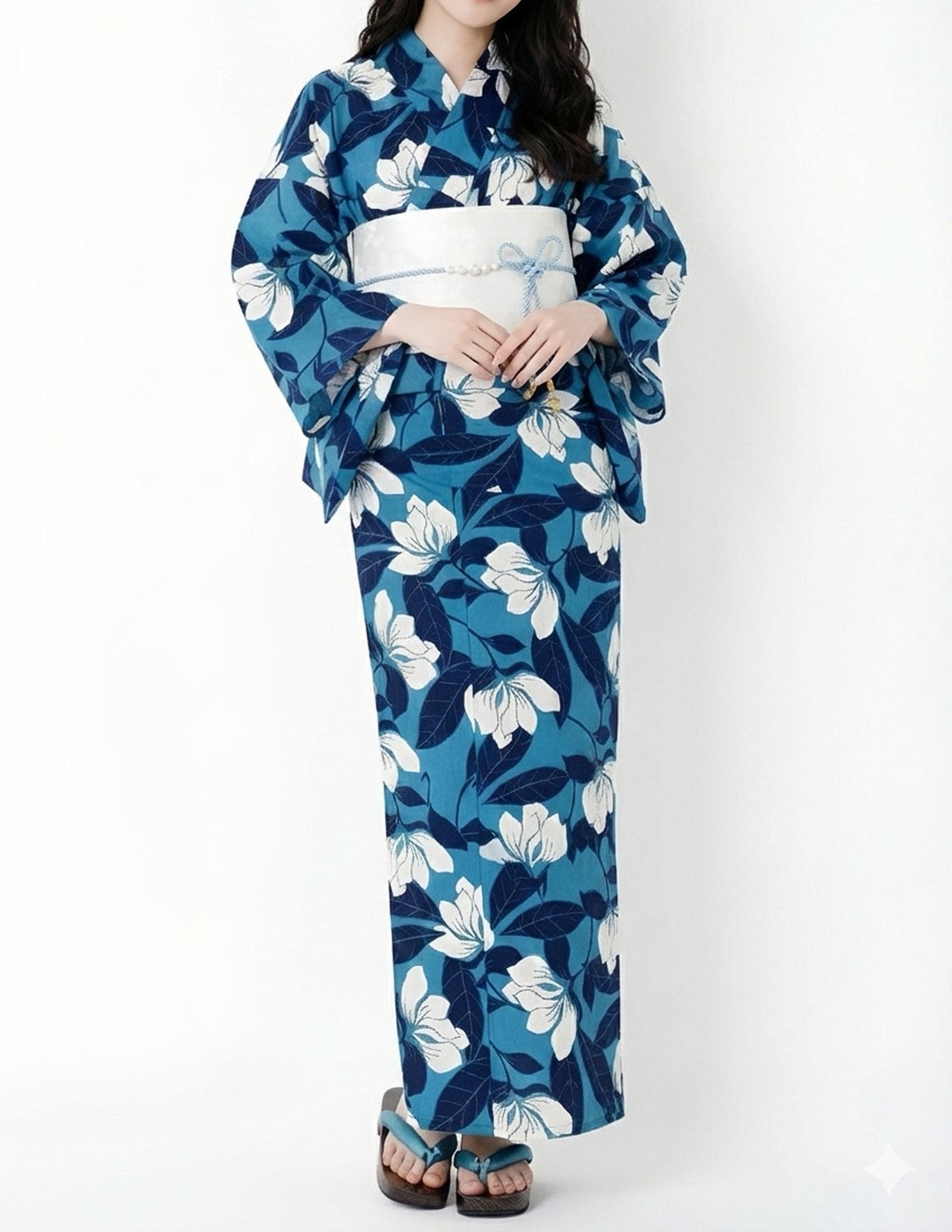 Blue Floral Japanese Cotton Yukata, Standard Sizes or Bespoke