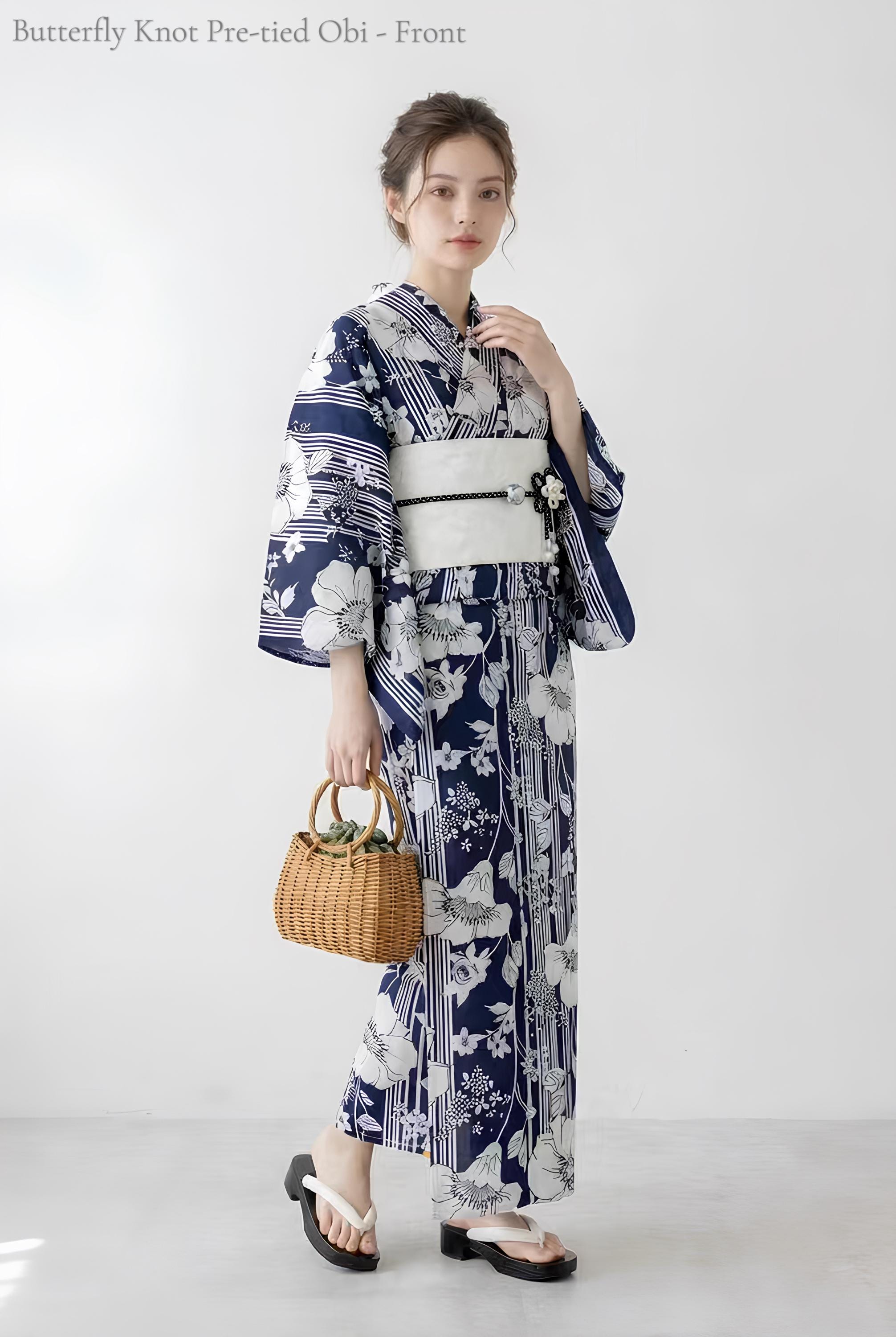 Navy Blue Floral Cotton Yukata Set With Easy Wear Obi Belt