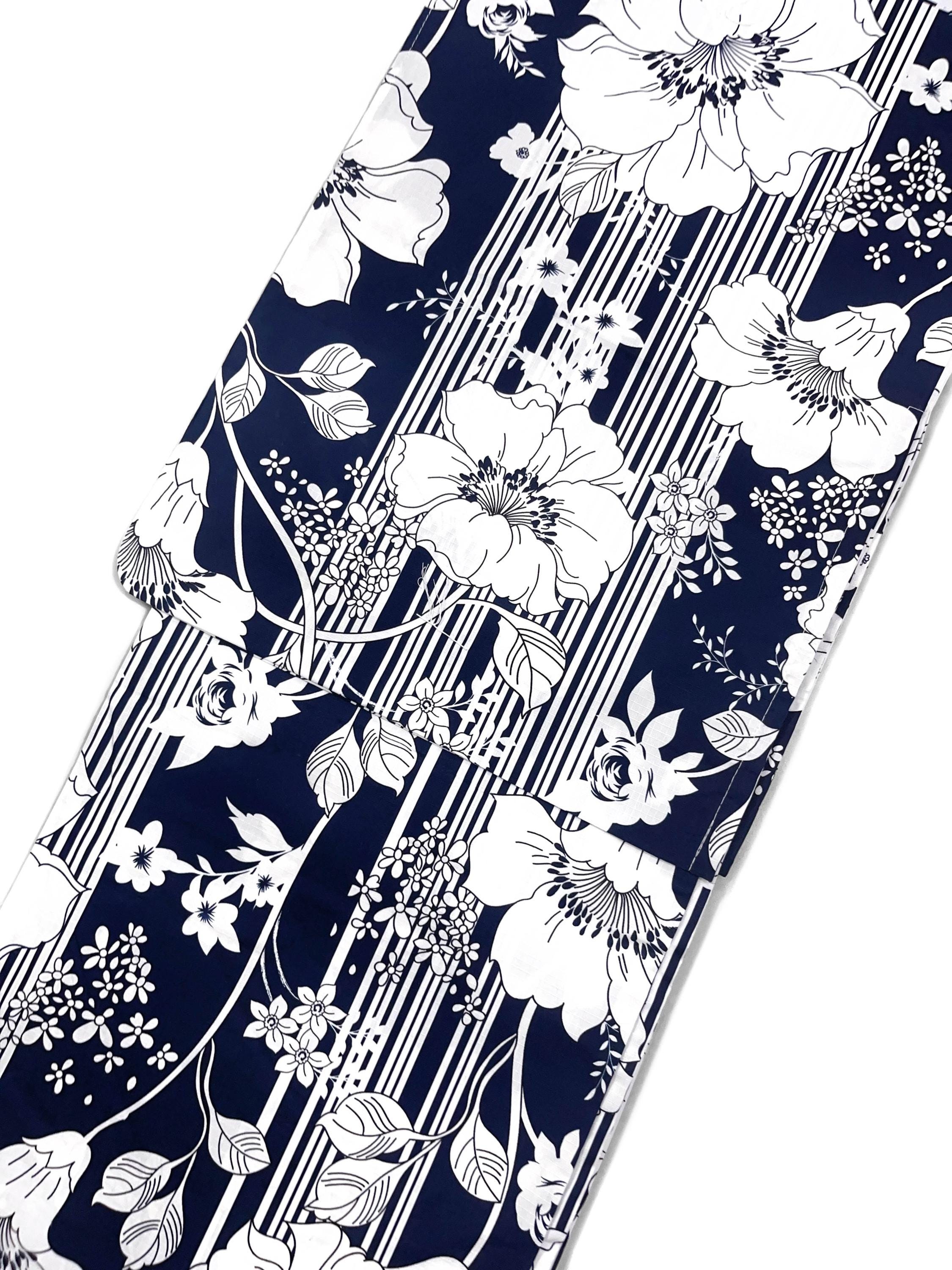 Navy Blue Floral Cotton Yukata Set With Easy Wear Obi Belt