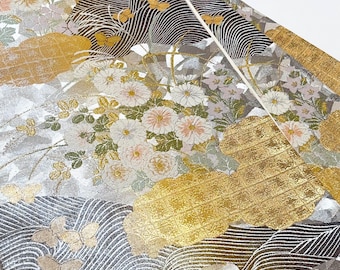 Rank A Vintage Silk Fukuro Obi Belt, Floral Pattern, Gold & Sliver Obi, OB55