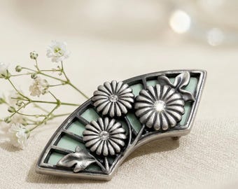 Vintage Japanese Obidome / Silver Folding Fan with Mint Base and Chrysanthemum - Kimono Obi Clip & Aceessory/ No.3412