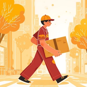 May include: Illustration of a delivery person walking down a city street, carrying a large cardboard box. The person wears a red uniform with a yellow cap and is walking on a crosswalk. The background features buildings and trees in shades of yellow and orange.