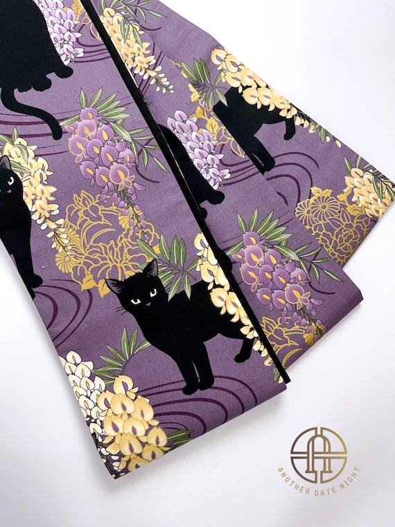 着物・浴衣 CAT TAIL MINI APRON RIBBON OBI (BLACK) Wisteria Flower & Black Cat Hanhaba Belt, Half-width Obi for