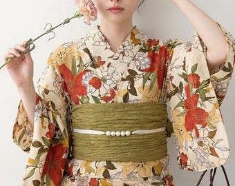 Floral Cotton Yukata Set, Obi Belt, Obijime & Sandals, Custom Fit Available