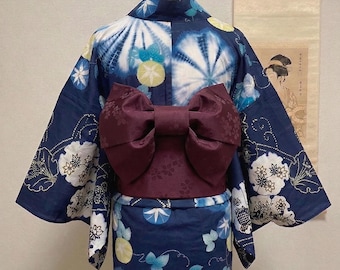 Pre-Tied Obi Belt Gift Set, Smoky Rosewood (Complex Plum-Brown) Floral Pattern Butterfly Knot Obi, Objime & Obita Board
