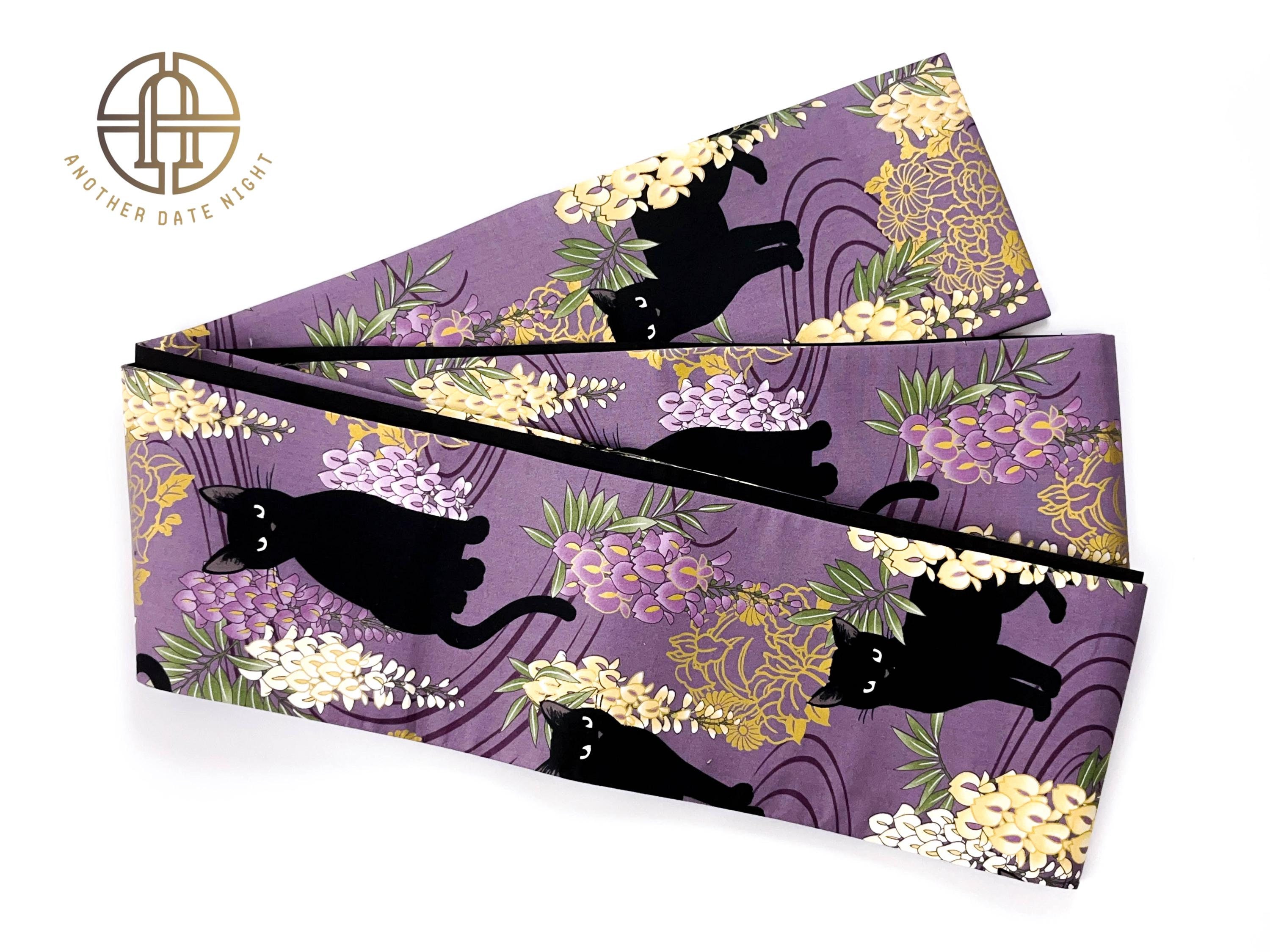 Wisteria Flower & Black Cat Hanhaba Belt, Half-width Obi for