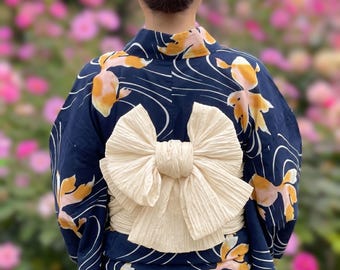 Creamy White/Yellow Brown Tea Heko Obi, Obijime, Obita, Women's Yukata Belt Accessory Gift Set