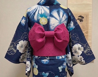 Japanese Pre-Tied Obi Belt Gift Set, Magenta Butterfly Knot Obi with Shibo Pattern, Objime & Obita Board, Easy to Wear