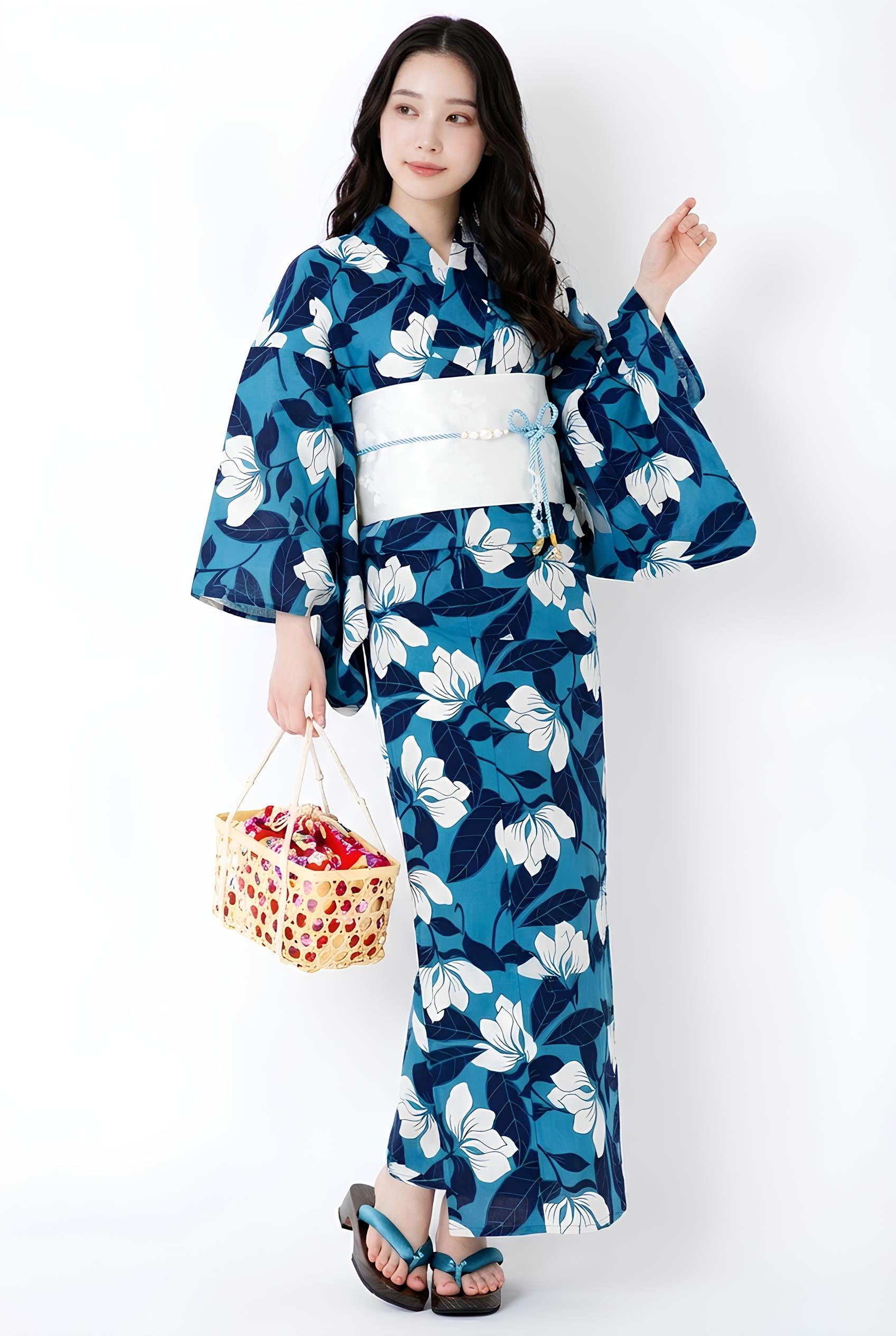 Blue Floral Japanese Cotton Yukata, Standard Sizes or Bespoke