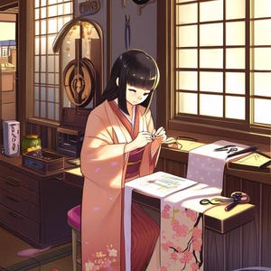 May include: A woman in a pink and red kimono sits at a table sewing a fabric with a cherry blossom pattern. She is using a needle and thread and there are scissors and other sewing supplies on the table.