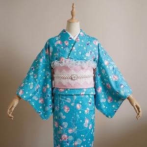 Blue Tulip Komon Kimono Set - Washable Women's Floral Kimono with Obi Belt & Koshi Himo - Japanese Kimono Gift Set for Her